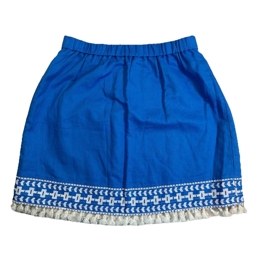 J. Crew NEW SMALL Blue White Linen Blend Tassels Embroidered Pull On Mini Skirt‎